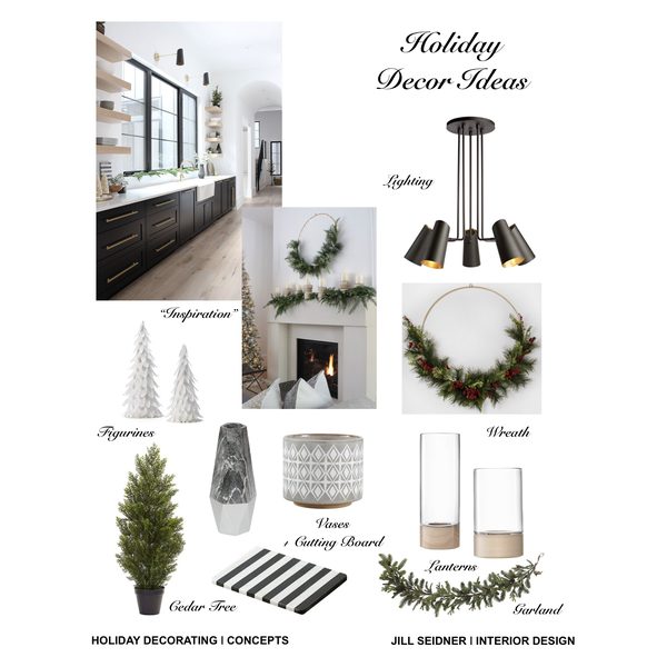 Holiday decor ideas board with wreath, garland, lighting and a tabletop tree by Jill Seidner Interior Design