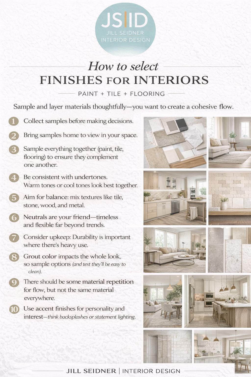 How to select finishes for interiors guide by Jill Seidner Interior Design showing paint, tile and flooring choices