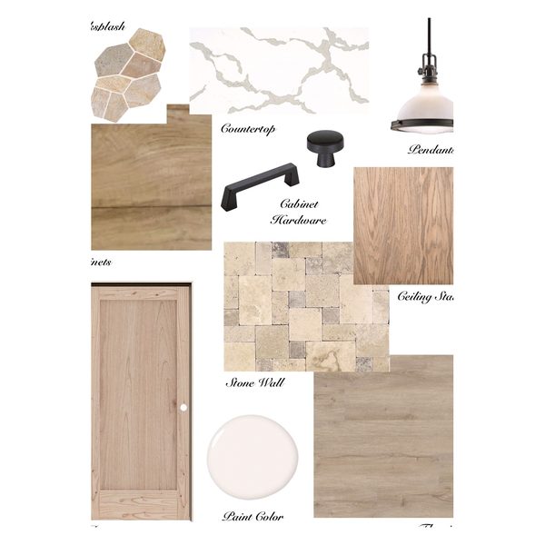 Interior finish selections board with countertop, stone tile, wood flooring, cabinet hardware and paint by Jill Seidner Interior Design