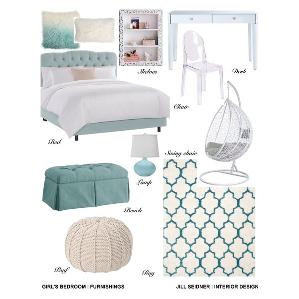 Kids room design concept board for a girl’s bedroom with bed, bedding and decor by Jill Seidner Interior Design