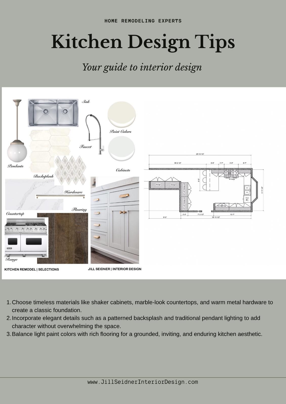 Kitchen Design Tips guide by Jill Seidner Interior Design with white Shaker cabinets, warm metal hardware and a kitchen floor plan