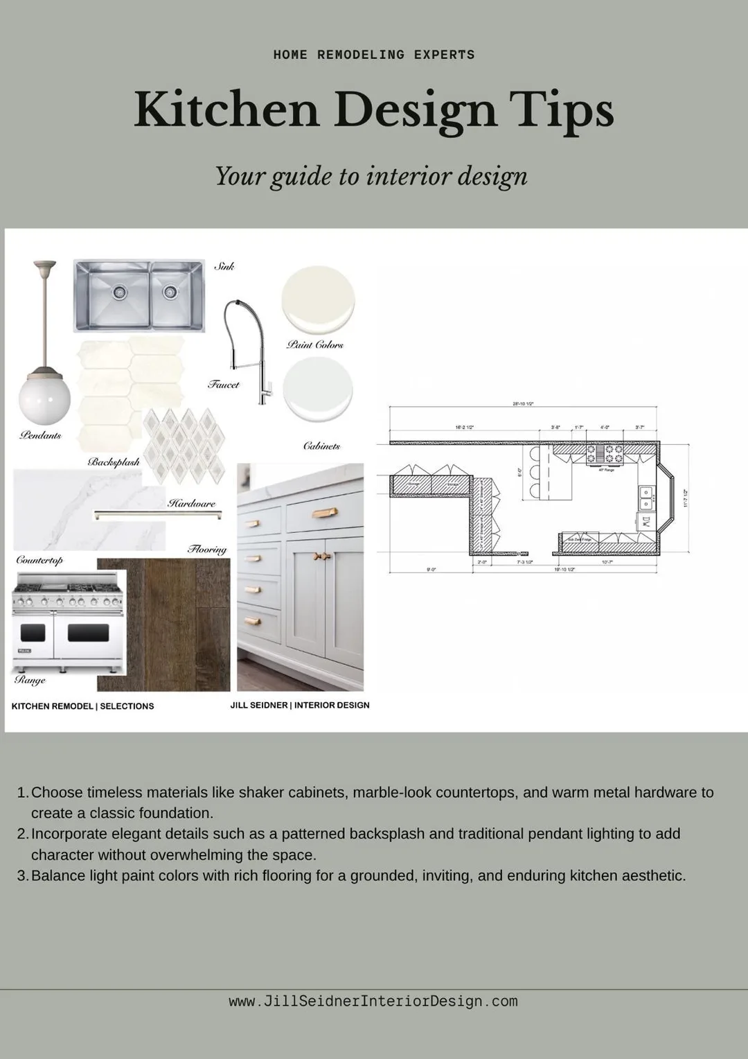 Kitchen Design Tips guide by Jill Seidner Interior Design with white Shaker cabinets, warm metal hardware and a kitchen floor plan