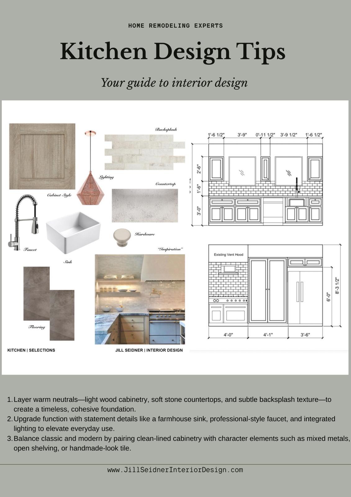 Kitchen Design Tips guide by Jill Seidner Interior Design with a pendant light, cabinet and elevation drawings