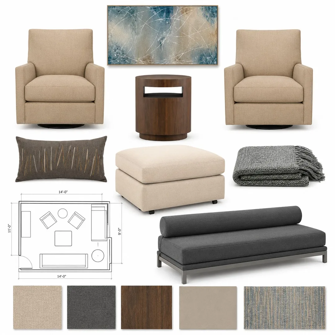 Modern neutral living room design board by Jill Seidner Interior Design