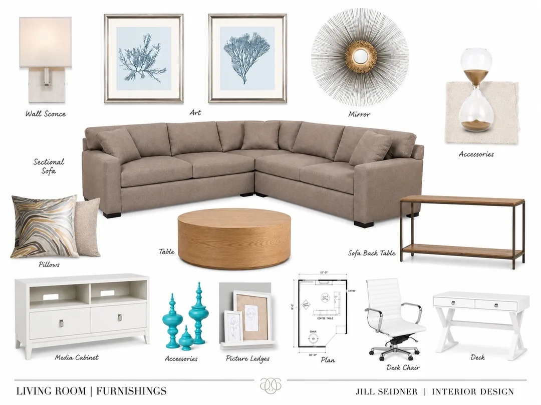 Neutral living room design board by Jill Seidner Interior Design