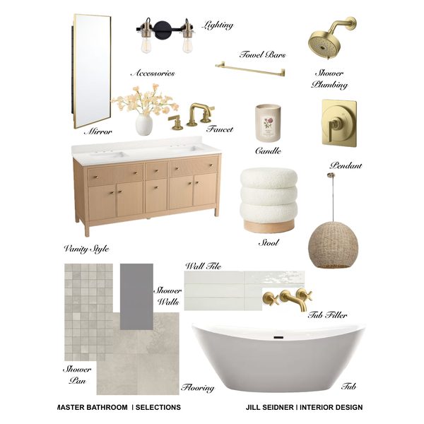 Bathroom design concept board with vanity, tub, tile, mirror and fixtures by Jill Seidner Interior Design