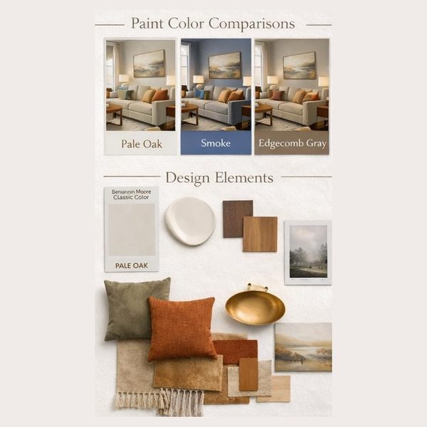 Color consultation board with paint color comparisons and coordinating design elements by Jill Seidner Interior Design