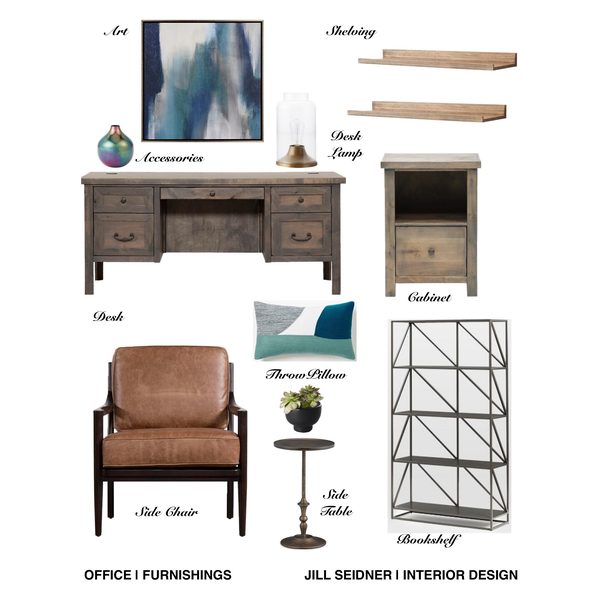 Home office design concept board with wood desk, leather side chair, art and shelving by Jill Seidner Interior Design