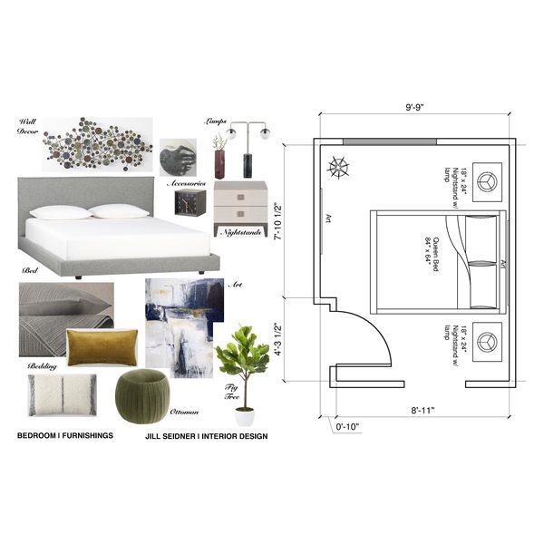 Complete online room design concept board for a bedroom with bed, nightstands, art, lighting and a furniture layout floor plan by Jill Seidner Interior Design