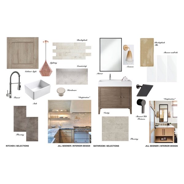 Kitchen and bathroom selections board with faucet, tile, vanity, mirror and lighting for an online design consultation by Jill Seidner Interior Design