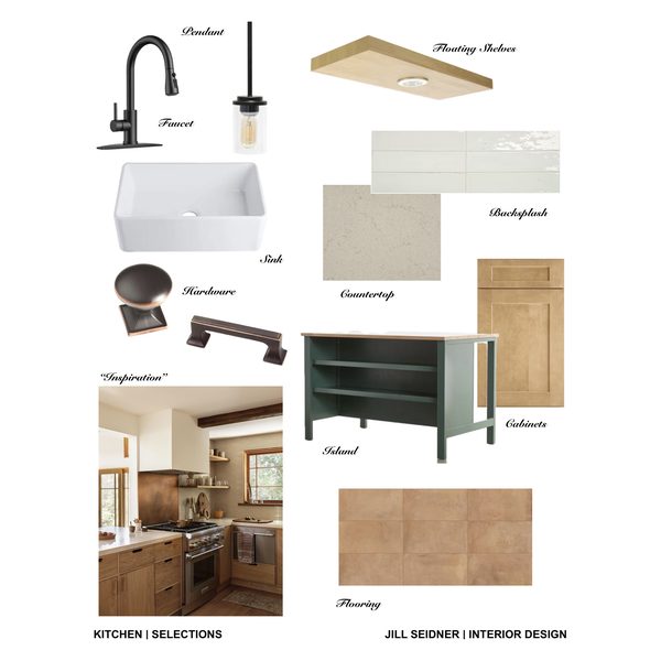 Kitchen design selections board with apron sink, faucet, hardware, backsplash, island and flooring by Jill Seidner Interior Design