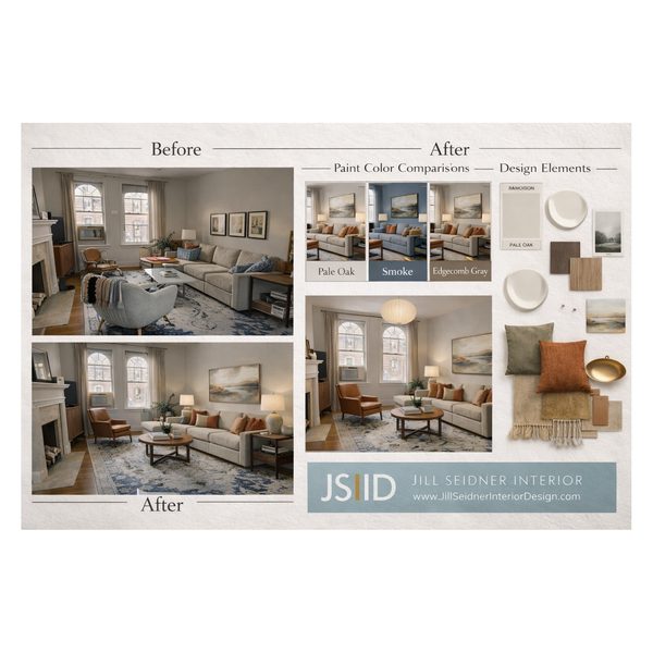 Online room design review before and after with paint color comparisons and design elements by Jill Seidner Interior Design