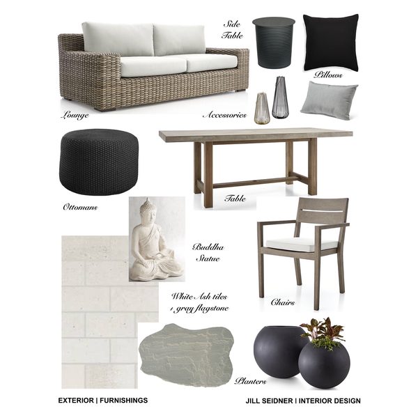 Outdoor design concept board with wicker sofa, dining table, chairs, ottoman and planters by Jill Seidner Interior Design