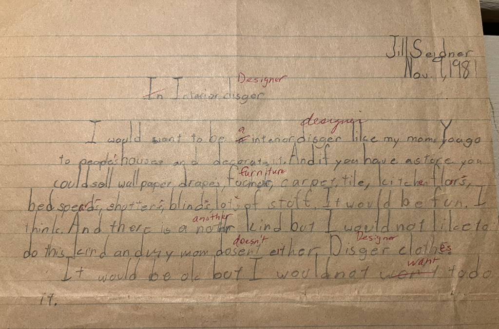 Handwritten letter shared on the Jill Seidner Interior Design About page