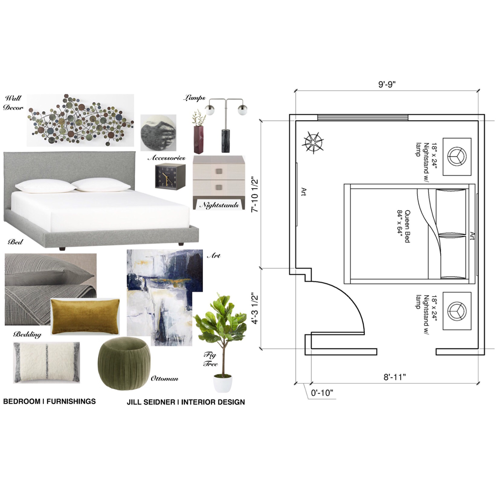 Sample online room design: a bedroom concept board with furniture, lighting and decor selections