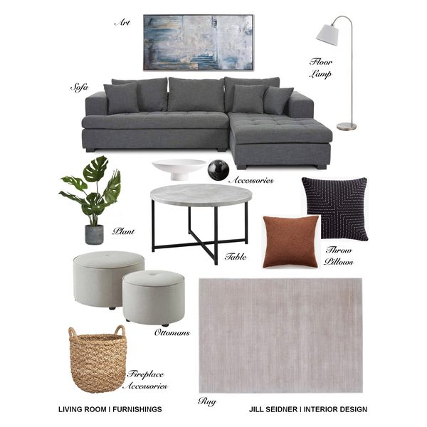 Room refresh living room concept board with sectional sofa, art, pillows, ottomans and rug by Jill Seidner Interior Design