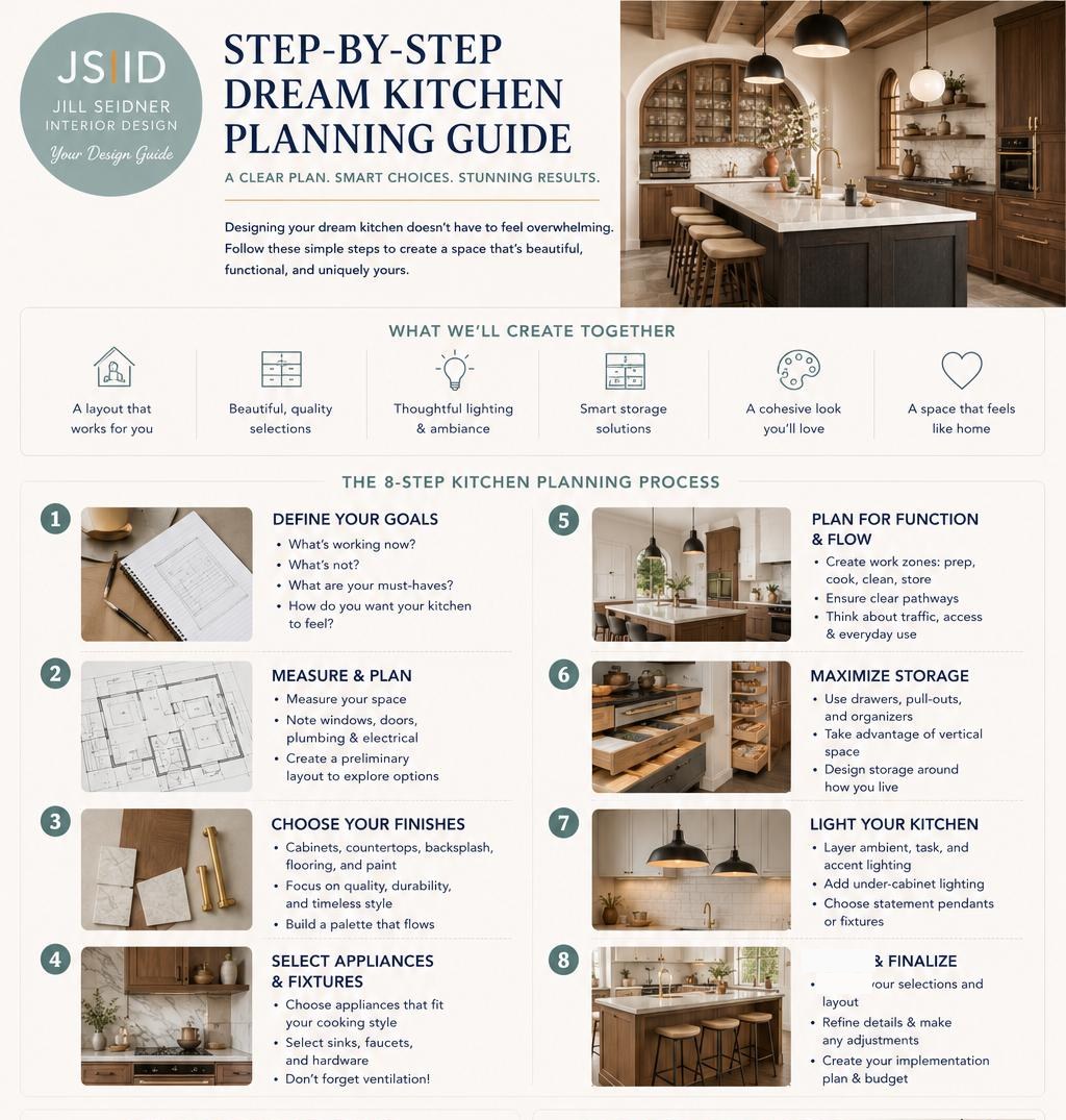 Step-by-step dream kitchen planning guide by Jill Seidner Interior Design with eight planning steps and a warm wood kitchen with an island