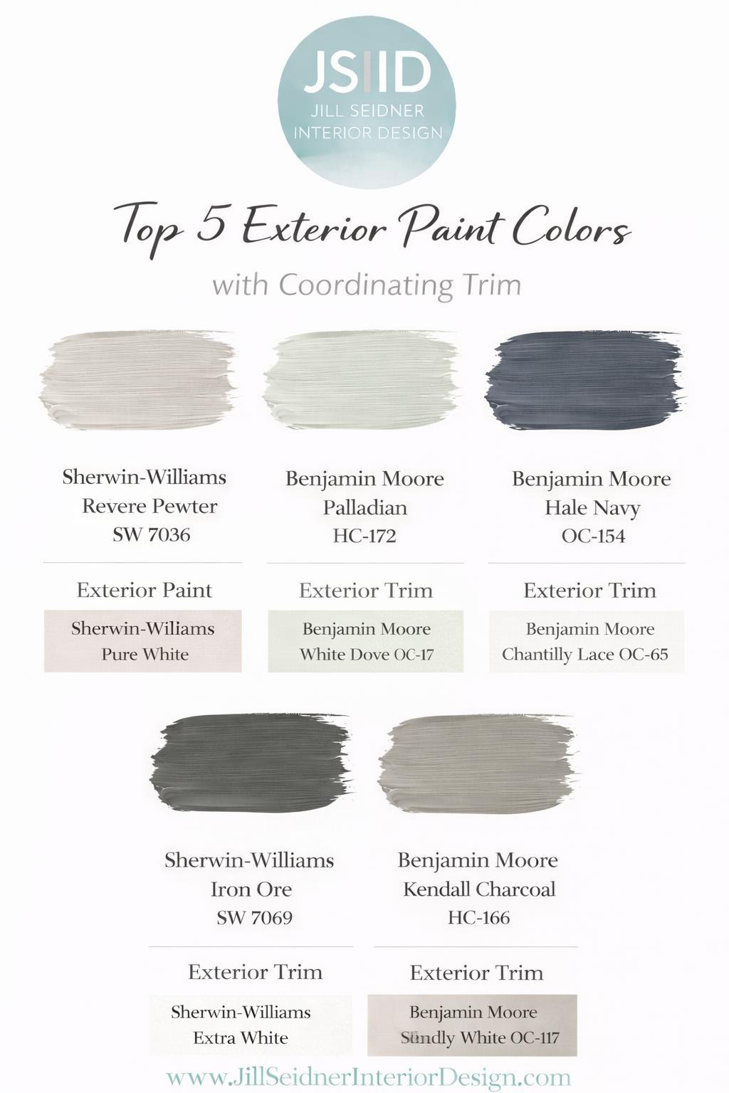 Top 5 exterior paint colors with coordinating trim by Jill Seidner Interior Design