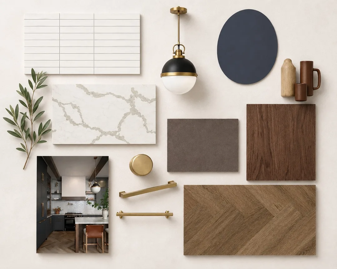 Warm modern kitchen materials board by Jill Seidner Interior Design