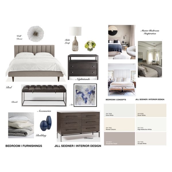 Work With What You Got bedroom concept board with upholstered bed, dresser, bench and paint colors by Jill Seidner Interior Design