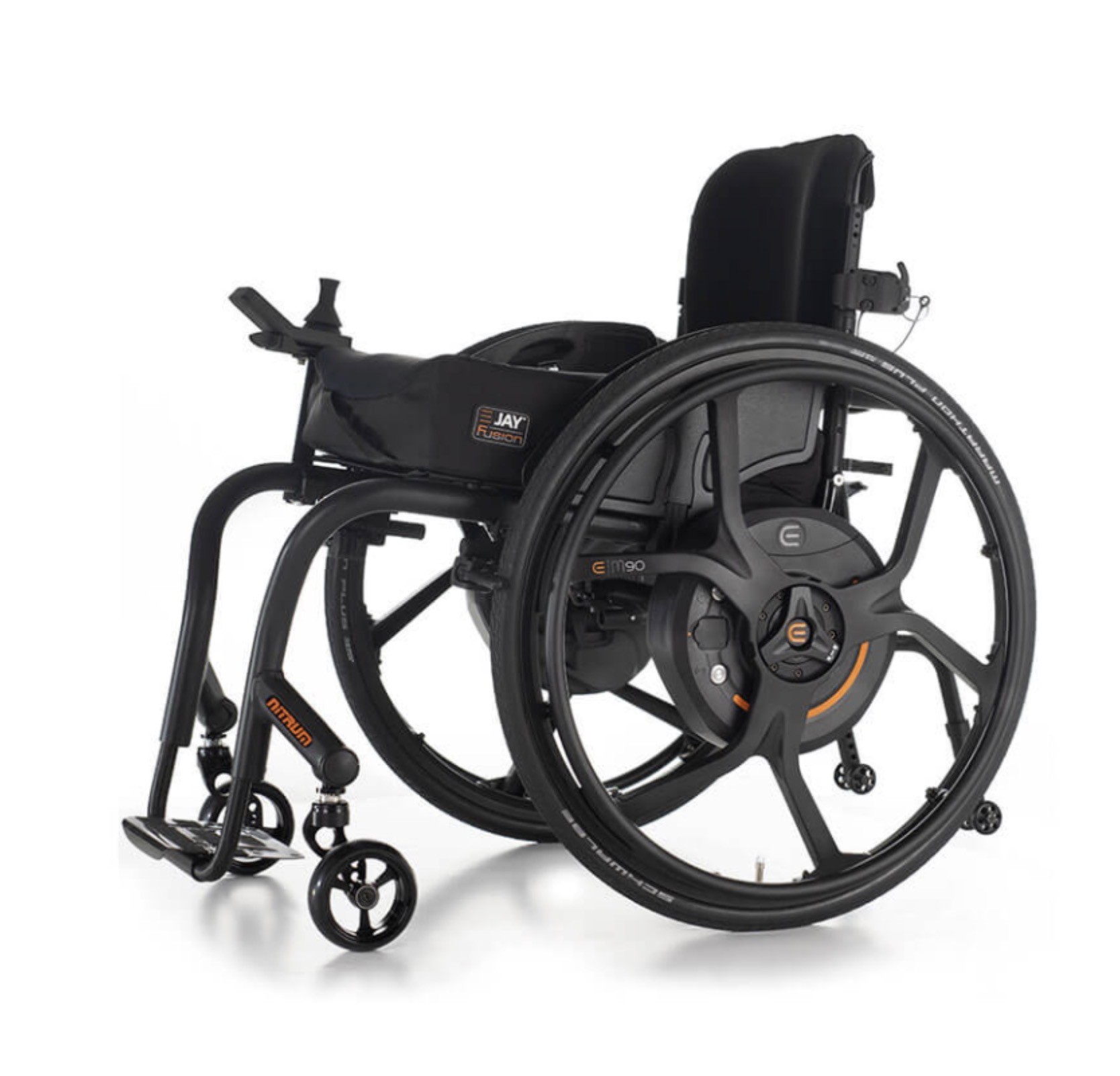 A black Quickie Nitrum Wheelchair with power-assist wheels