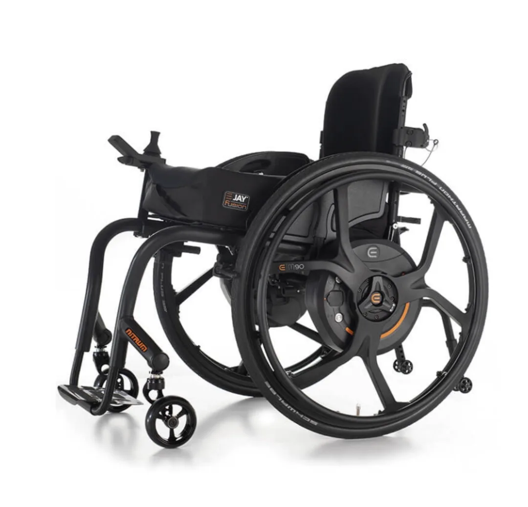 A black Quickie Nitrum Wheelchair with power-assist wheels