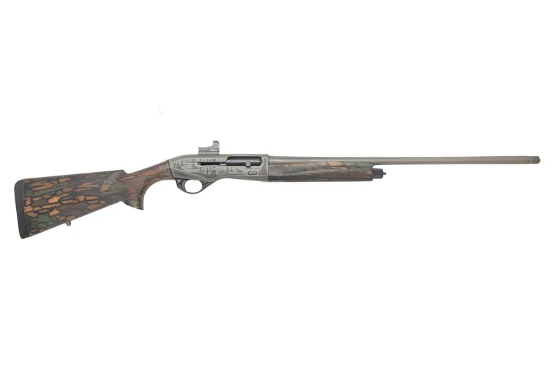 Full-length Benelli Ultra Light 20 gauge in Custom Grey Cerakote with a laser-engraved woodland turkey scene on the receiver and a camo walnut stock
