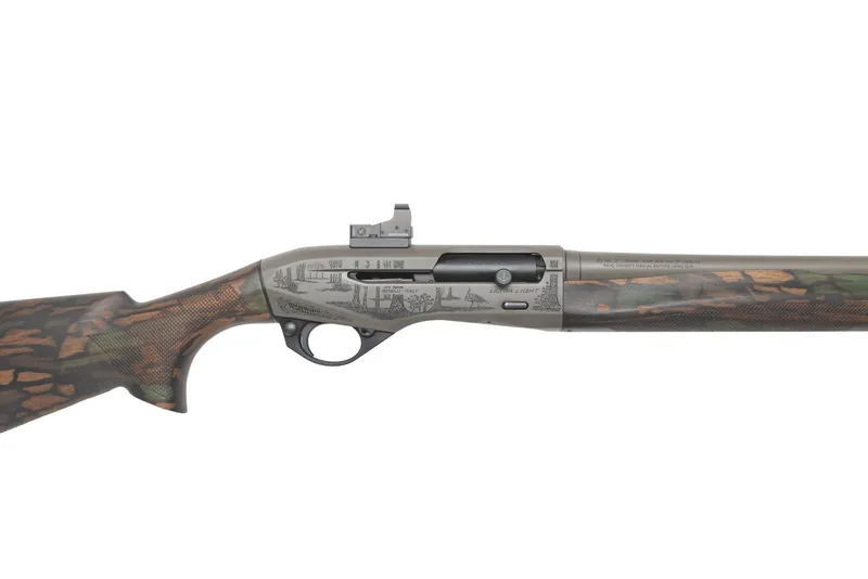 Benelli Ultra Light 20 gauge receiver in Custom Grey Cerakote with a laser-engraved woodland turkey scene, side view