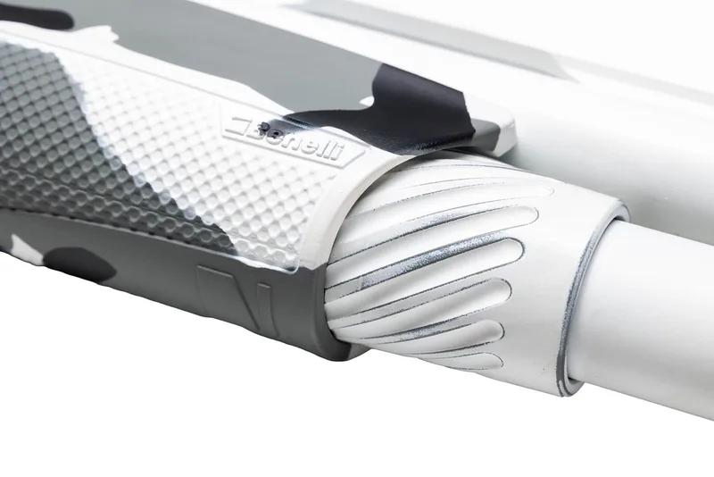 Camo forend in Cerakote Snow White, Shark Grey and Graphite Black with an Antiqued Snow White magazine cap on a Benelli Super Black Eagle 3