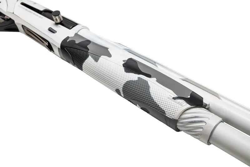Benelli Super Black Eagle 3 forend in a Cerakote Snow White, Shark Grey and Graphite Black camo pattern with an Antiqued Snow White barrel