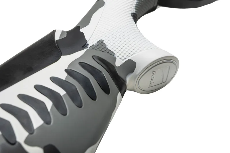 Close-up of a pistol grip and stock in a Cerakote Snow White, Shark Grey and Graphite Black camo pattern on a Benelli Super Black Eagle 3