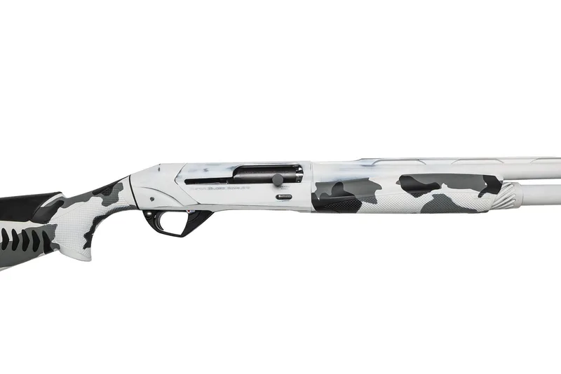 Benelli Super Black Eagle 3 with an Antiqued Snow White Cerakote receiver and a camo forend in Cerakote Snow White, Shark Grey and Graphite Black, side view