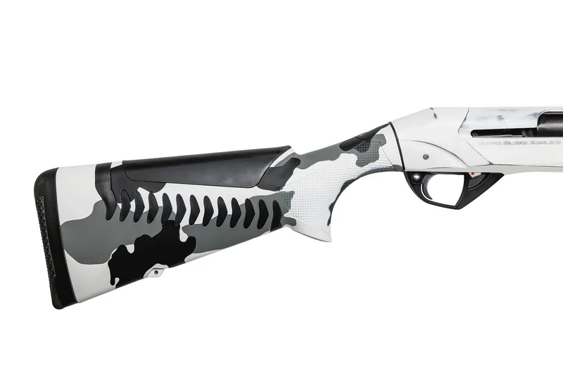 Benelli Super Black Eagle 3 stock in a Cerakote Snow White, Shark Grey and Graphite Black camo pattern with an Antiqued Snow White receiver