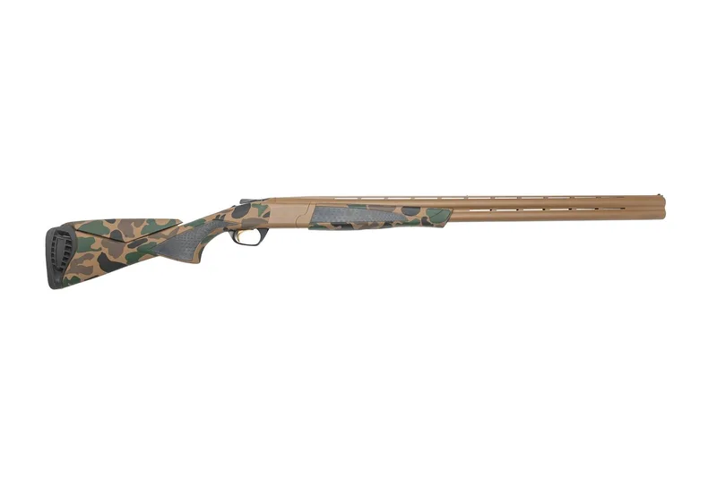 Full-length Browning Cynergy 12 gauge over and under with Troy Coyote Tan Cerakote barrels and receiver and a Chocolate Brown, Graphite Black and Highland Green camo stock and forend