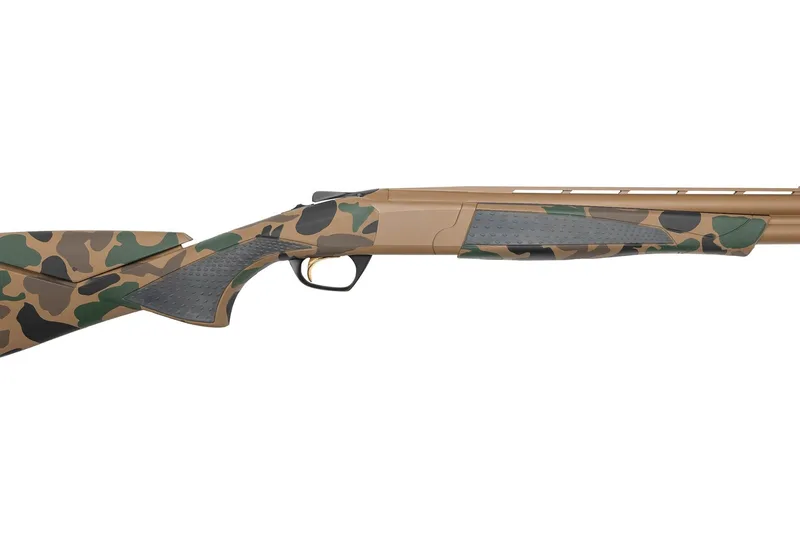 Browning Cynergy 12 gauge receiver in Troy Coyote Tan Cerakote with a Chocolate Brown, Graphite Black and Highland Green camo forend, side view