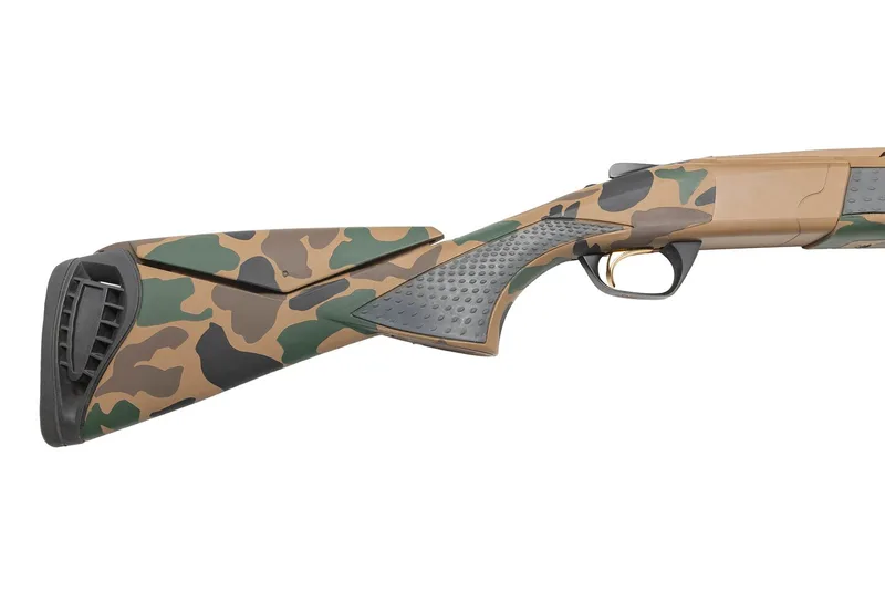 Browning Cynergy 12 gauge stock in a Troy Coyote Tan, Chocolate Brown, Graphite Black and Highland Green Cerakote camo pattern