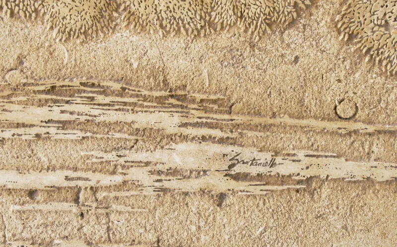 Detail closeup of hand carved Jerusalem stone slab mural for Oprah Winfrey in 2003 by artist Jamie Santaniello. Project was for Oprah's backsplash in her Montecito, Ca kitchen backsplash on her Promised Land property. The carving is of her favorite centuries old oak tree on her Promise Land.
jamiesantaniello.com Copyright©JS2003