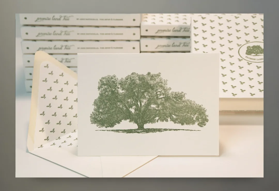 Promise Land Tara II Oak Tree Limited Edition Letter Press Cards also make beautiful small prints by artist Jamie Santaniello created for Ms Oprah Winfrey's backsplash stone mural in 2003. This is the actual shape of Oprah's Favorite Oak Tree on her Montecito Estate she calls her Promised Land, formally called Tara ll. The tree drawing was sliced on the left side and recreated to symmetrically fit the shape of the arched Jerusalem stone slab for Oprah's backsplash. Box of 6 cards/prints/6 envelopes.