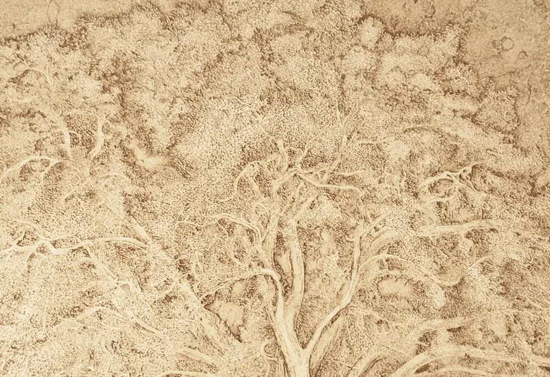Detail closeup of hand carved Jerusalem stone slab mural for Oprah Winfrey in 2003 by artist Jamie Santaniello. Project was for Oprah's backsplash in her Montecito, Ca kitchen backsplash on her Promised Land property. The carving is of her favorite centuries old oak tree on her Promise Land.
jamiesantaniello.com Copyright©JS2003