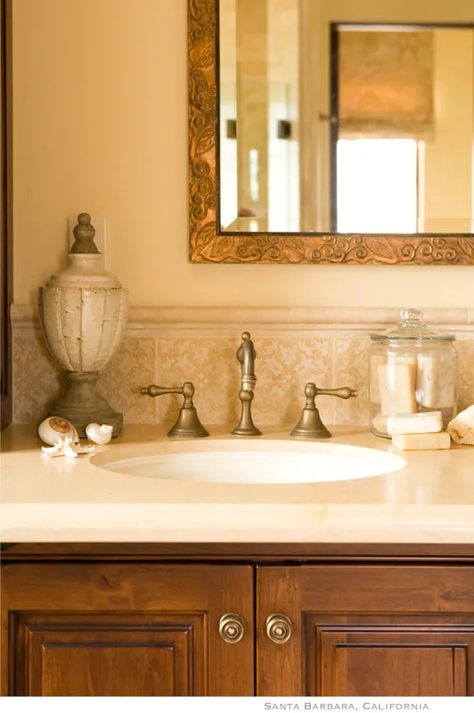 Artist Jamie Santaniello Santa Barbara, California /
Bathroom backsplash - Historical Renditions Tile Line - WTS66-01 hand carved into Light Travertine tiles with ochre stain.   
jamiesantaniello.com
Copyright©JS2014
