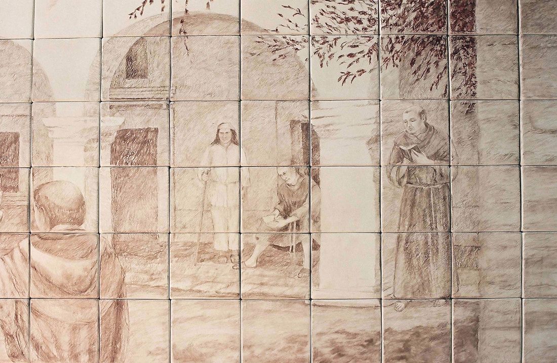 Picture showing a close up detail in underglaze pencils of the ceramic underdrawing of the 