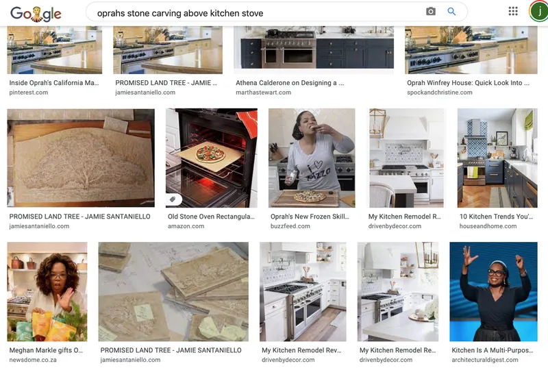 Google search of Oprah Winfrey's kitchen showing work on Jerusalem stone backsplash of borders and mural by artist Jamie Santaniello.  jamiesantaniello.com