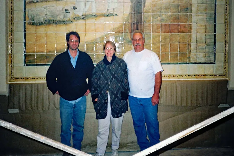Frank Santaniello and Artist Jamie Santaniello with lead tile setter, Ron Duff - Installation of large mural of the "Mission San Juan Capistrano Mural" in the year 2000.