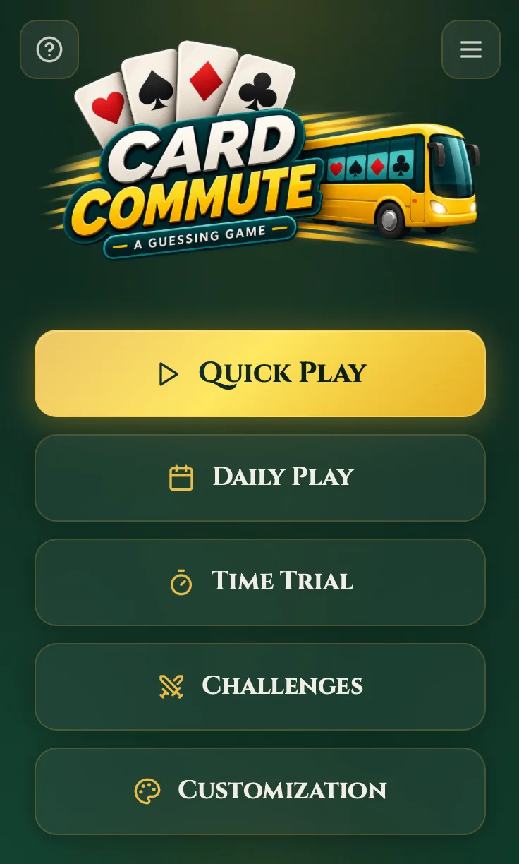 Main menu interface of the card-guessing game Card Commute, showing buttons for multiple game modes and the customisation screen.