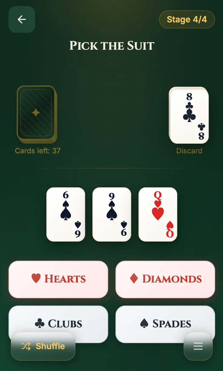 In-game screenshot of Card Commute's Quick Play mode at stage four out of four, showing the active card deck and guessing interface.