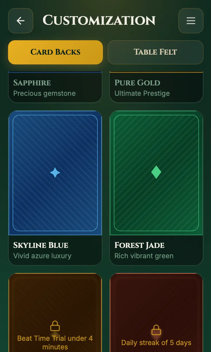 Customisation settings in Card Commute, showing unlockable visual designs for playing card backs and tabletop felts.