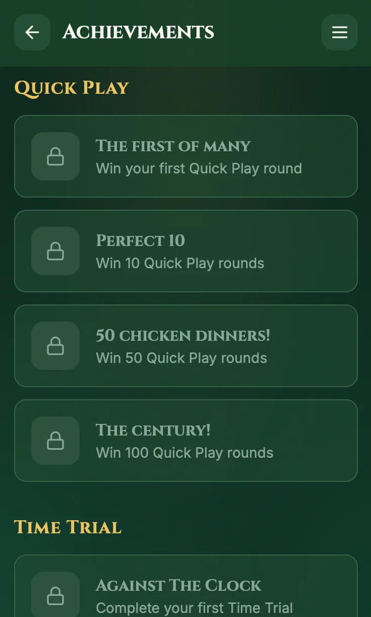Achievements list in Card Commute, detailing the unlockable milestones and card-guessing requirements needed to earn them.