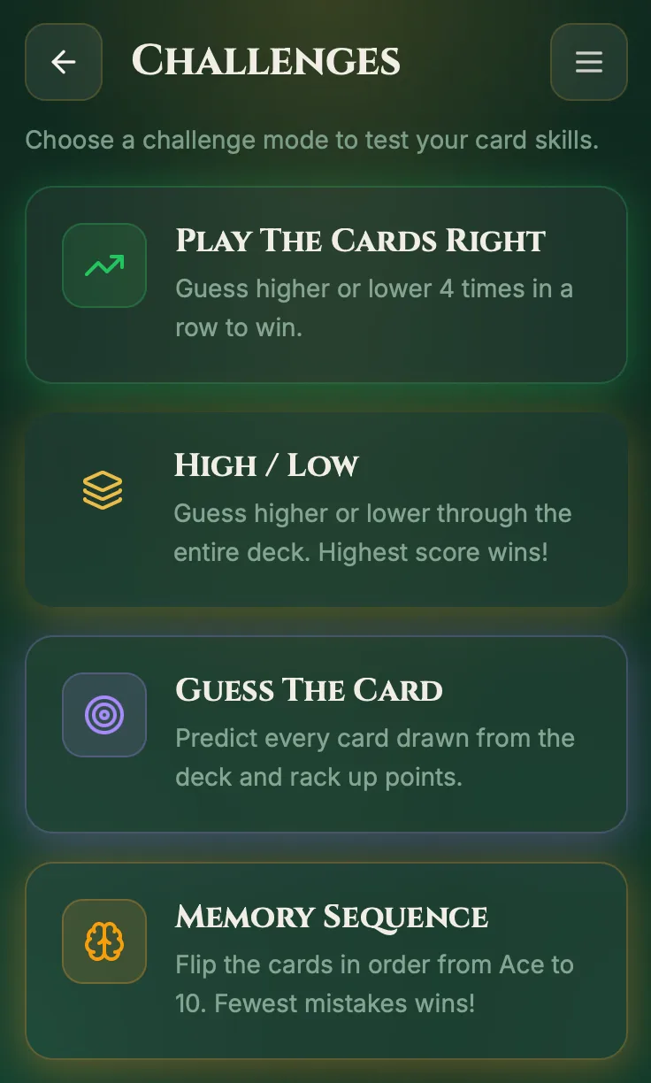 Challenge Mode menu in Card Commute, showing links to unique guessing challenges and descriptions of their specific rules.
