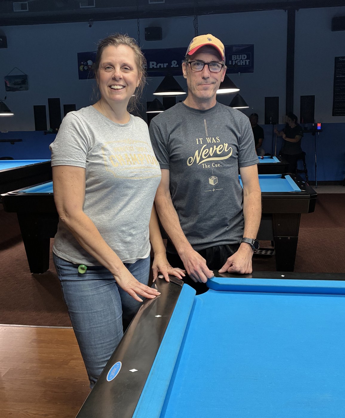 Kathryn and Jeff in their PTC gear at the Scotch doubles tournament at Strokers Billiards in Pelham, New Hampshire.