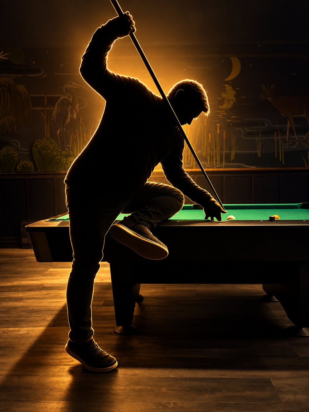 PTC founder Craig posing for a massé shot at Tally Bar and Billiards in Barre, Vermont. Photo by teammate Renato, whose creative idea inspired the shot.